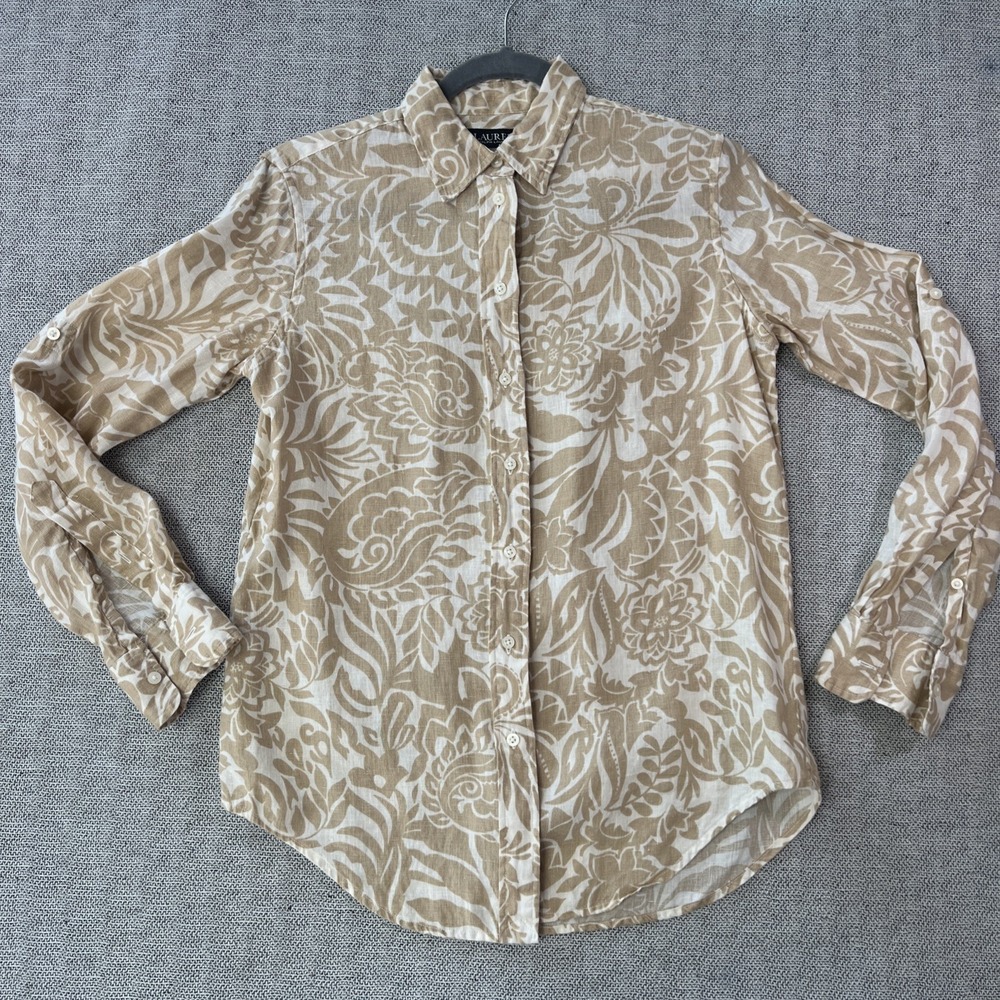 Ralph Lauren Khaki Floral  Linen Shirt Button Women XS Rolled Up Long Sleeves